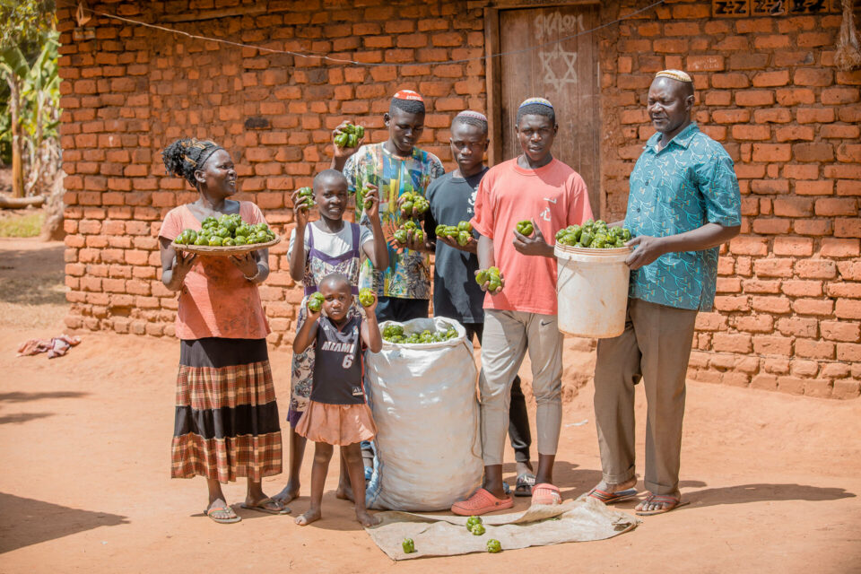 Ugandan family smiling holding bags of green peppers