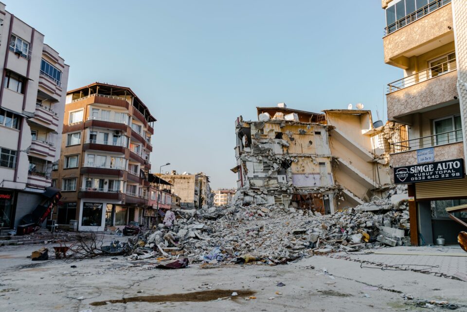 Buildings destroyed after an earthquake